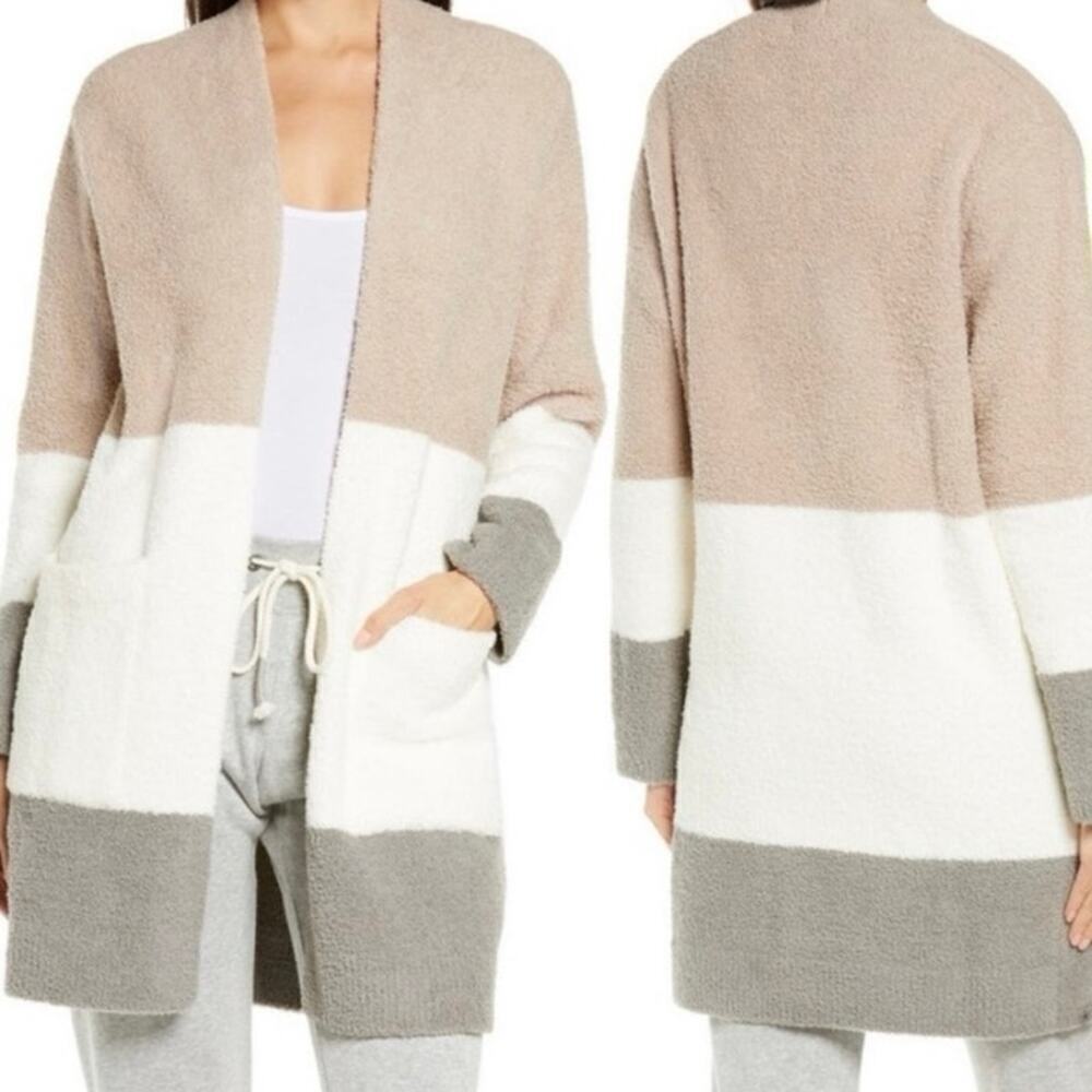 BAREFOOT DREAMS CozyChic Colorblock Open Front Pocket Long Cardigan M